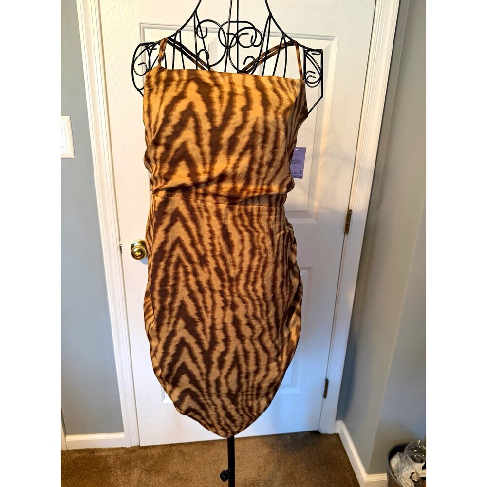 Wild Fable Brown Black Zebra Animal Print Mesh Ruched Bodycon Mini Dress L